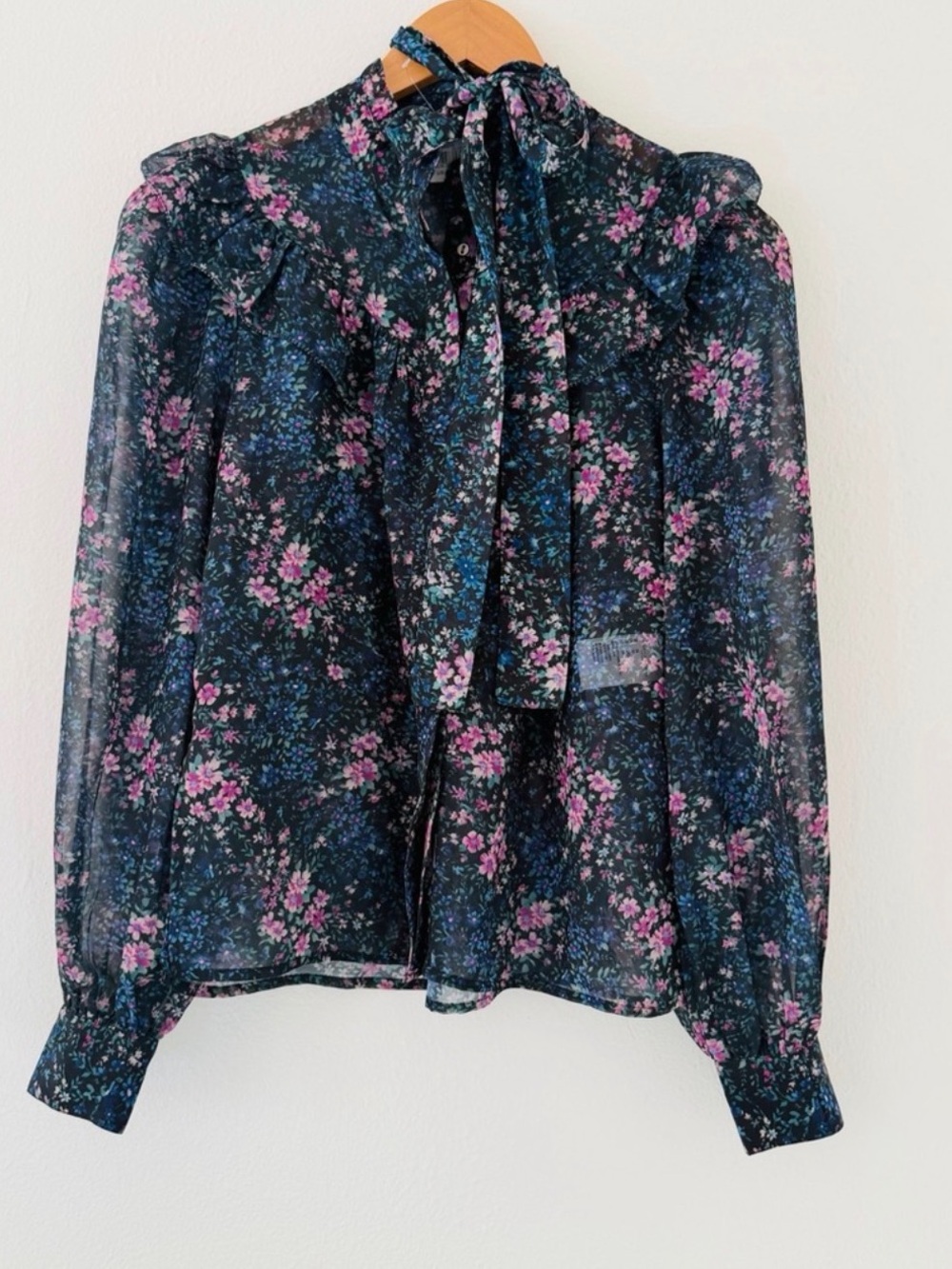 NWT American Eagle AE Studio Black Sheer Floral Neck Tie Blouse